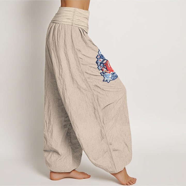 Pantaloni harem da donna con elastico in vita, in puro cotone, con motivo floreale a pesci koi, motivo Buddha Stones - image 16
