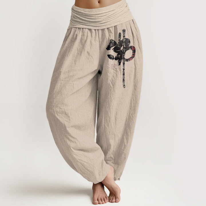 Pantaloni harem da donna in puro cotone con elastico in vita e caratteri cinesi, motivo Buddha Stones - Abbronzatura - US16, UK/AU20, EU48 (3XL) - image 0