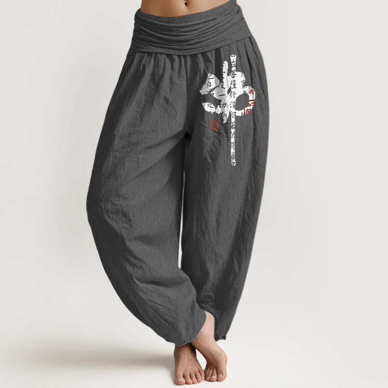 Pantaloni harem da donna in puro cotone con elastico in vita e caratteri cinesi, motivo Buddha Stones - Grigio scuro - US16, UK/AU20, EU48 (3XL) - image 11