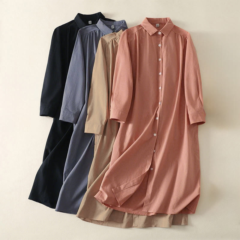 Abito midi in cotone a maniche lunghe con tasche e bottoni a revers in tinta unita autunnale Buddha Stones - image 0