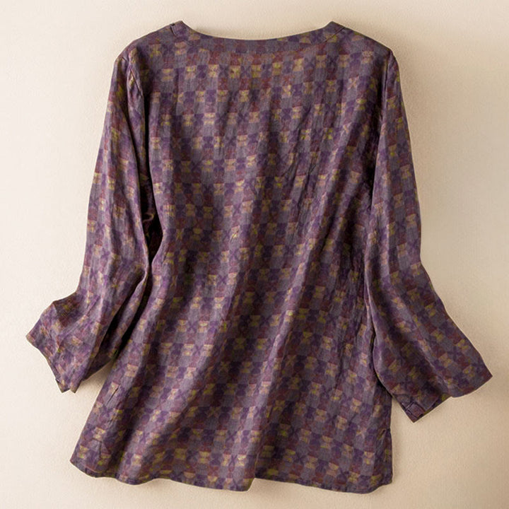 Camicia da donna a maniche lunghe con scollo a V e motivo floreale stampato Buddha Stones Spring - image 3