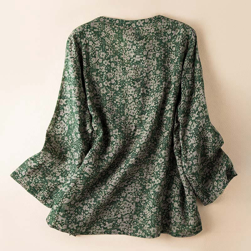 Camicia da donna a maniche lunghe con scollo a V e motivo floreale stampato Buddha Stones Spring - image 8