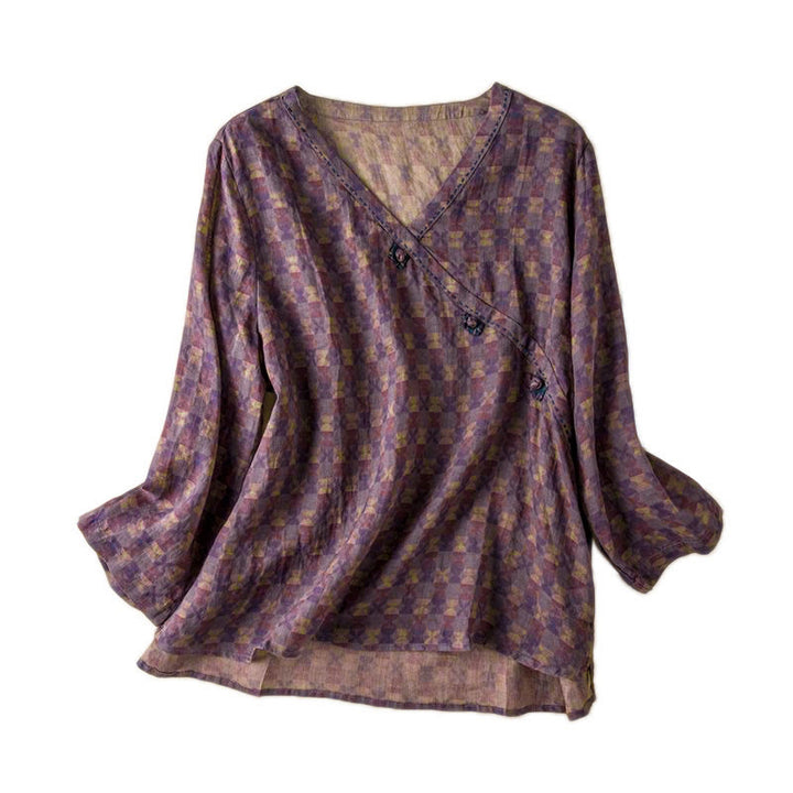 Camicia da donna a maniche lunghe con scollo a V e motivo floreale stampato Buddha Stones Spring - image 6