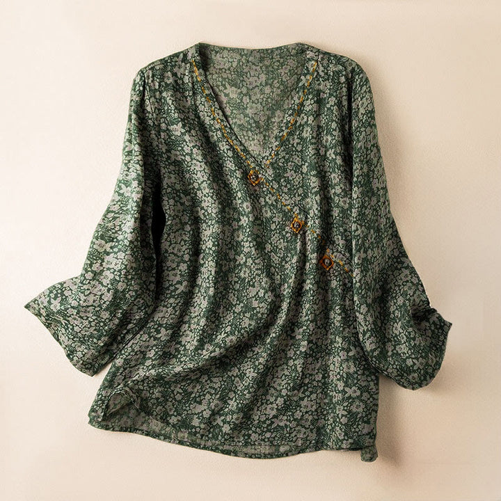 Camicia da donna a maniche lunghe con scollo a V e motivo floreale stampato Buddha Stones Spring - SeaGreen - US8-10, UK/AU12-14, EU40-42 (2XL) - image 7