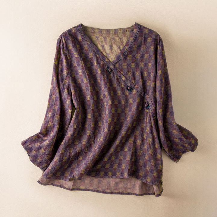 Camicia da donna a maniche lunghe con scollo a V e motivo floreale stampato Buddha Stones Spring - Magenta scuro - US8-10, UK/AU12-14, EU40-42 (2XL) - image 0