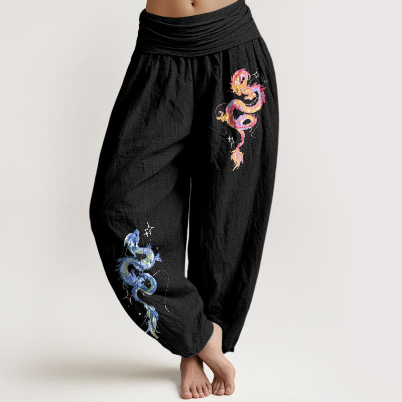 Pantaloni harem da donna con elastico in vita e motivo a drago in puro cotone Buddha Stones - Nero - US16, UK/AU20, EU48 (3XL) - image 0
