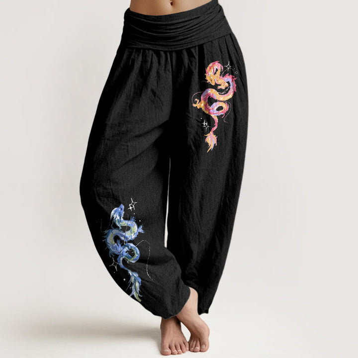 Pantaloni harem da donna con elastico in vita e motivo a drago in puro cotone Buddha Stones - Nero - US16, UK/AU20, EU48 (3XL) - image 0