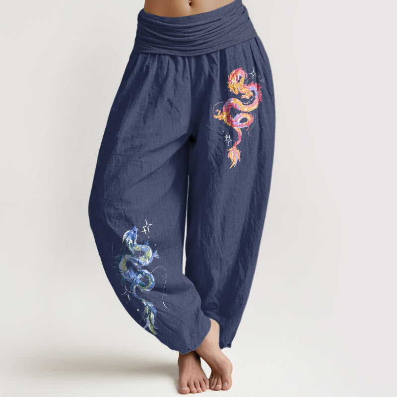 Pantaloni harem da donna con elastico in vita e motivo a drago in puro cotone Buddha Stones - Blu ardesia scuro - US16, UK/AU20, EU48 (3XL) - image 5