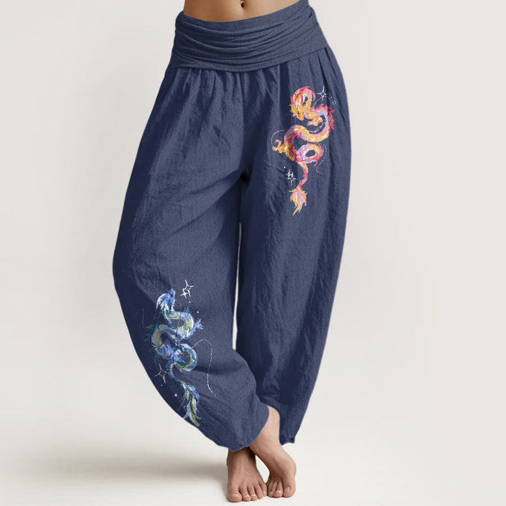 Pantaloni harem da donna con elastico in vita e motivo a drago in puro cotone Buddha Stones - Blu ardesia scuro - US16, UK/AU20, EU48 (3XL) - image 5