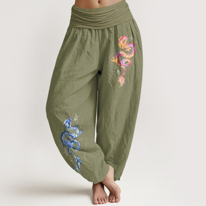 Pantaloni harem da donna con elastico in vita e motivo a drago in puro cotone Buddha Stones - Verde oliva - US16, UK/AU20, EU48 (3XL) - image 14