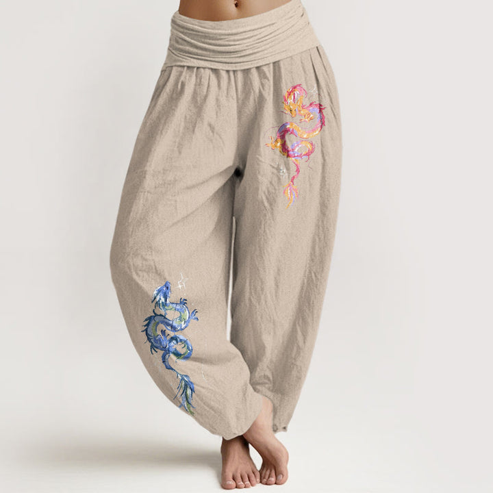 Pantaloni harem da donna con elastico in vita e motivo a drago in puro cotone Buddha Stones - Tan - US16, UK/AU20, EU48 (3XL) - image 11