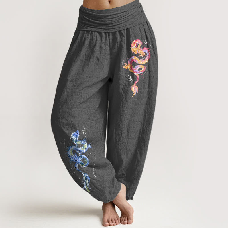 Pantaloni harem da donna con elastico in vita e motivo a drago in puro cotone Buddha Stones - Grigio scuro - US16, UK/AU20, EU48 (3XL) - image 8