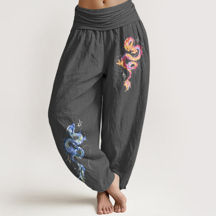 Pantaloni harem da donna con elastico in vita e motivo a drago in puro cotone Buddha Stones - Grigio scuro - US16, UK/AU20, EU48 (3XL) - image 8