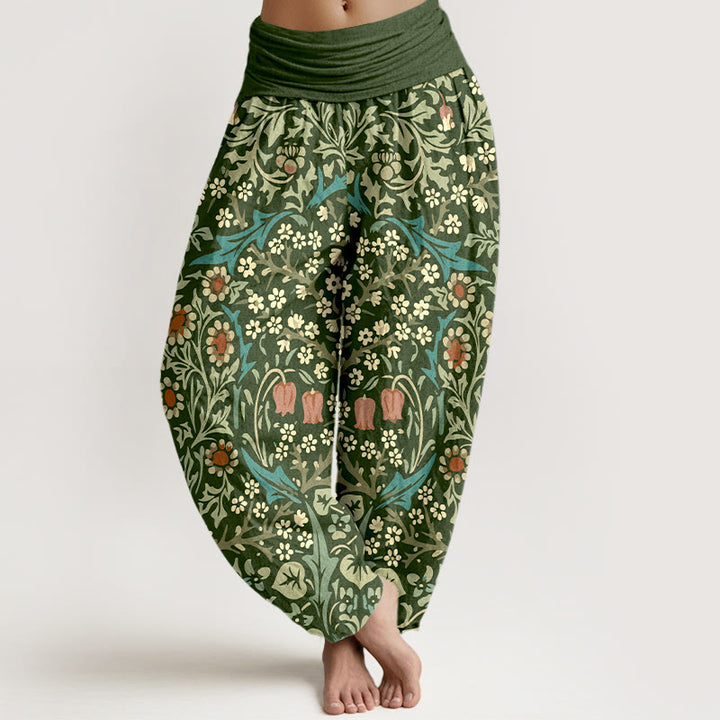 Pantaloni harem da donna con elastico in vita, in puro cotone, con motivo retrò di fiori e foglie, motivo Buddha Stones - Verde oliva scuro - US16, UK/AU20, EU48 (3XL) - image 0
