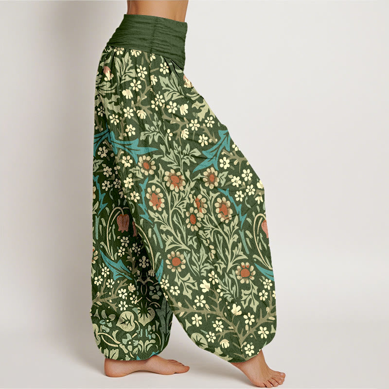Pantaloni harem da donna con elastico in vita, in puro cotone, con motivo retrò di fiori e foglie, motivo Buddha Stones - image 2