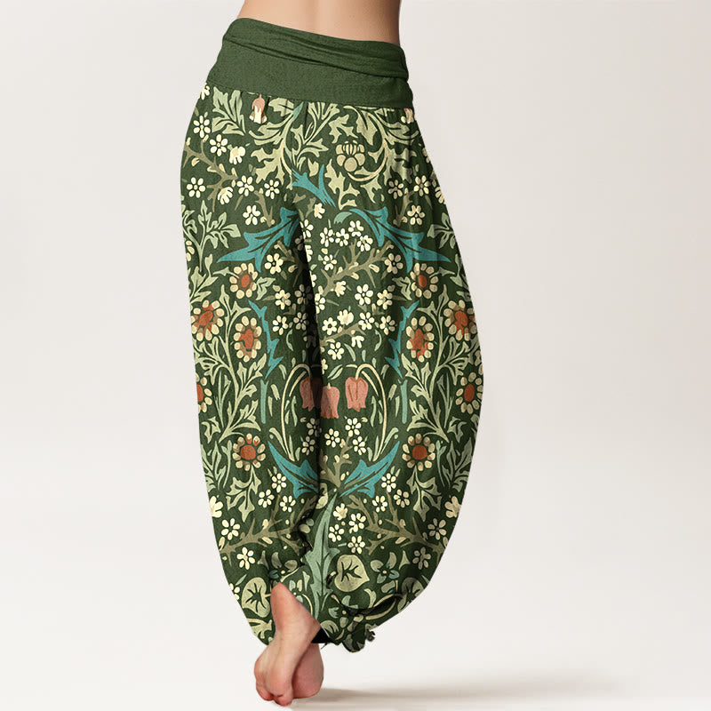 Pantaloni harem da donna con elastico in vita, in puro cotone, con motivo retrò di fiori e foglie, motivo Buddha Stones - image 1