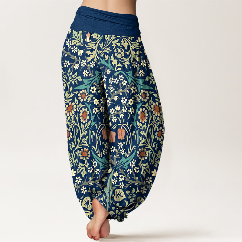 Pantaloni harem da donna con elastico in vita, in puro cotone, con motivo retrò di fiori e foglie, motivo Buddha Stones - image 6