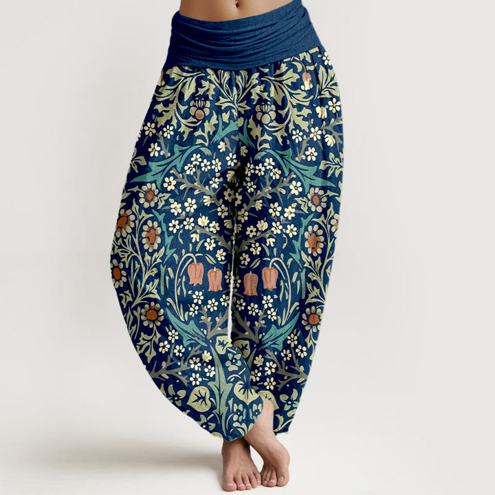 Pantaloni harem da donna con elastico in vita, in puro cotone, con motivo retrò di fiori e foglie, motivo Buddha Stones - Marina - US16, UK/AU20, EU48 (3XL) - image 5