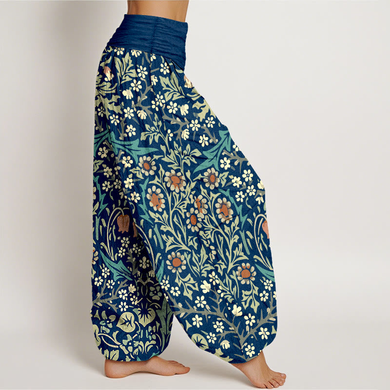 Pantaloni harem da donna con elastico in vita, in puro cotone, con motivo retrò di fiori e foglie, motivo Buddha Stones - image 7