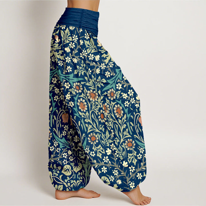 Pantaloni harem da donna con elastico in vita, in puro cotone, con motivo retrò di fiori e foglie, motivo Buddha Stones - image 7