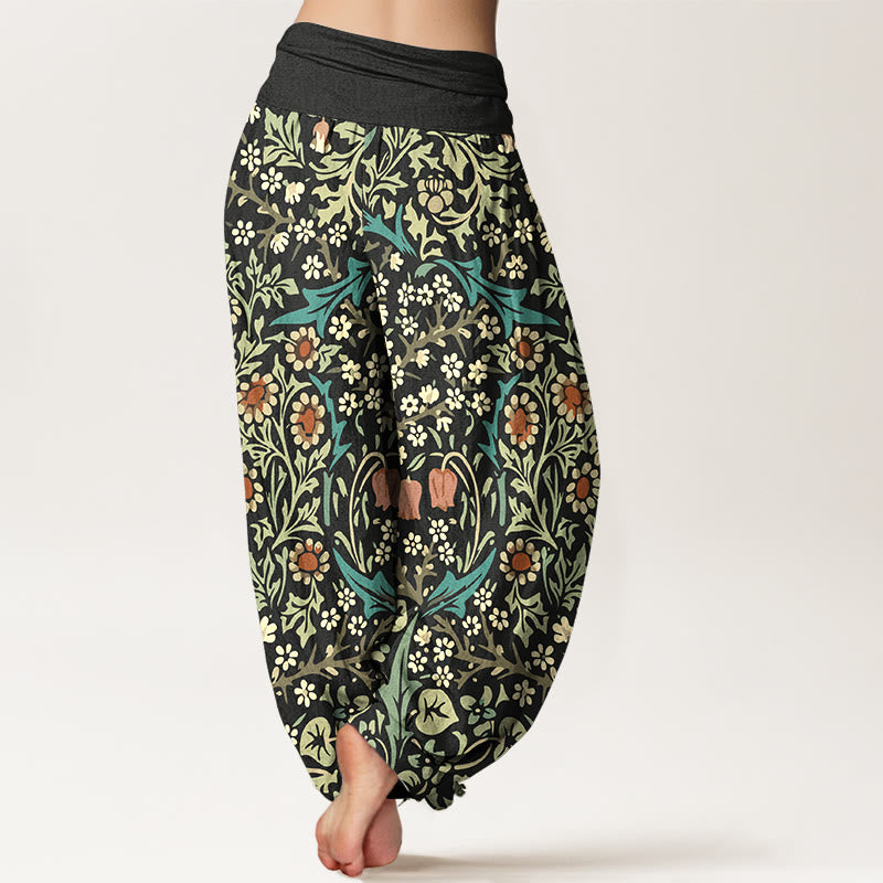 Pantaloni harem da donna con elastico in vita, in puro cotone, con motivo retrò di fiori e foglie, motivo Buddha Stones - image 9