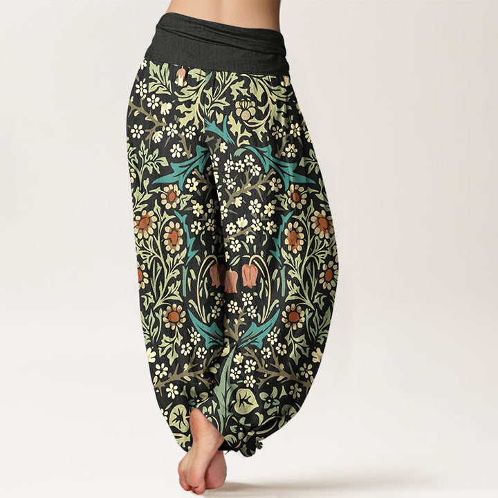Pantaloni harem da donna con elastico in vita, in puro cotone, con motivo retrò di fiori e foglie, motivo Buddha Stones - image 9