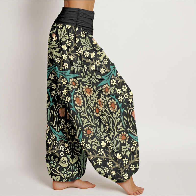 Pantaloni harem da donna con elastico in vita, in puro cotone, con motivo retrò di fiori e foglie, motivo Buddha Stones - image 10