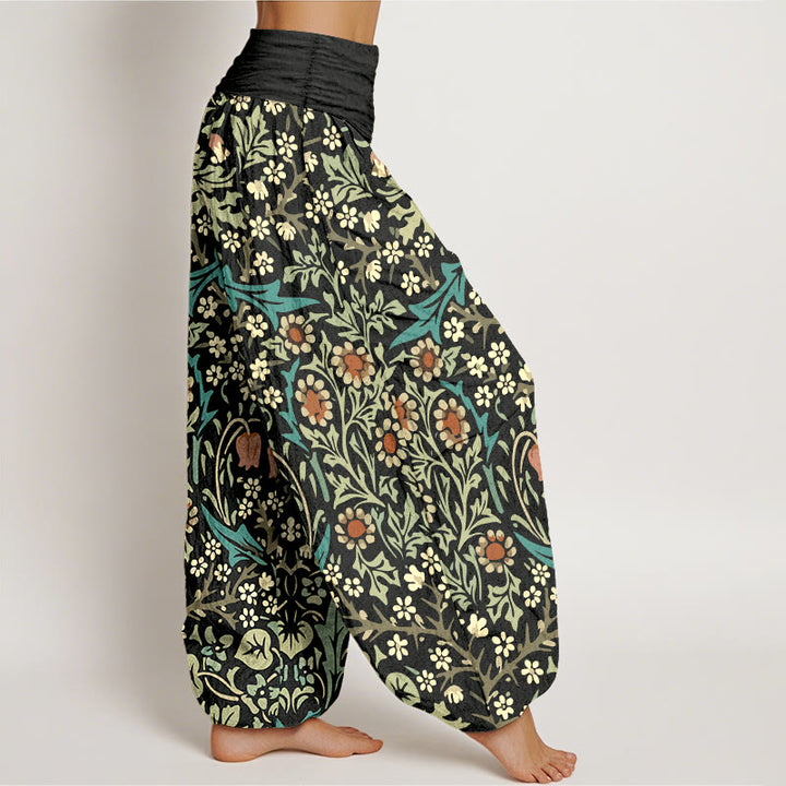 Pantaloni harem da donna con elastico in vita, in puro cotone, con motivo retrò di fiori e foglie, motivo Buddha Stones - image 10