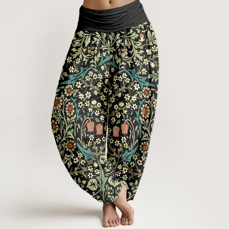Pantaloni harem da donna con elastico in vita, in puro cotone, con motivo retrò di fiori e foglie, motivo Buddha Stones - Nero - US16, UK/AU20, EU48 (3XL) - image 8