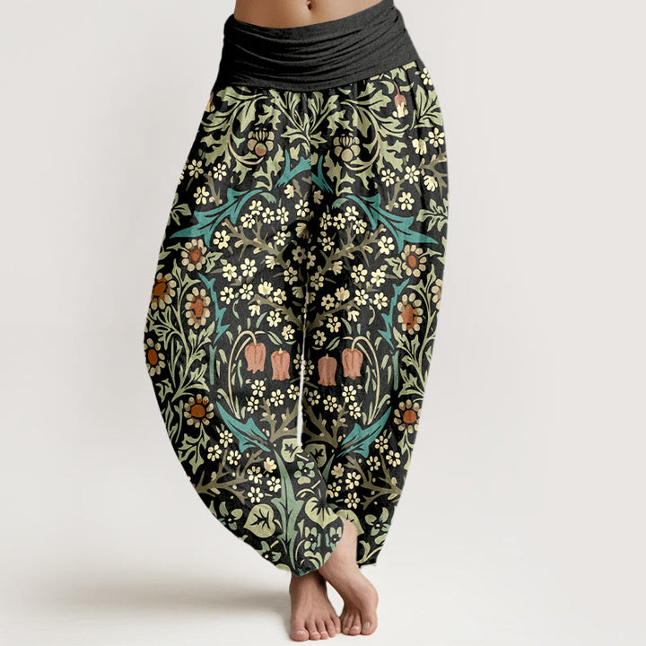 Pantaloni harem da donna con elastico in vita, in puro cotone, con motivo retrò di fiori e foglie, motivo Buddha Stones - Nero - US16, UK/AU20, EU48 (3XL) - image 8