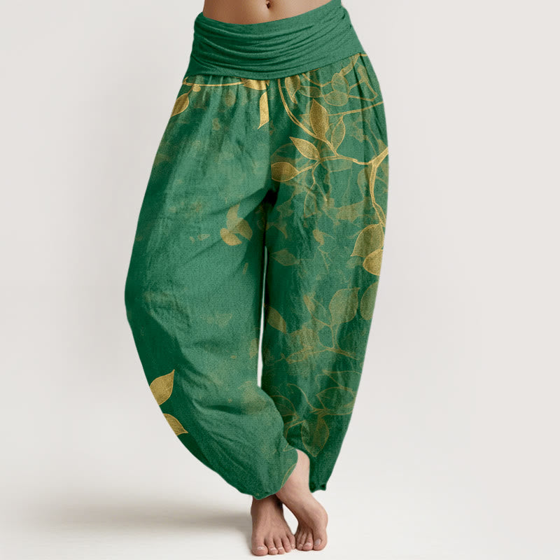 Pantaloni harem da donna con elastico in vita, in puro cotone, con motivo a foglie dai colori tenui , Buddha Stones - Verde - US16, UK/AU20, EU48 (3XL) - image 0