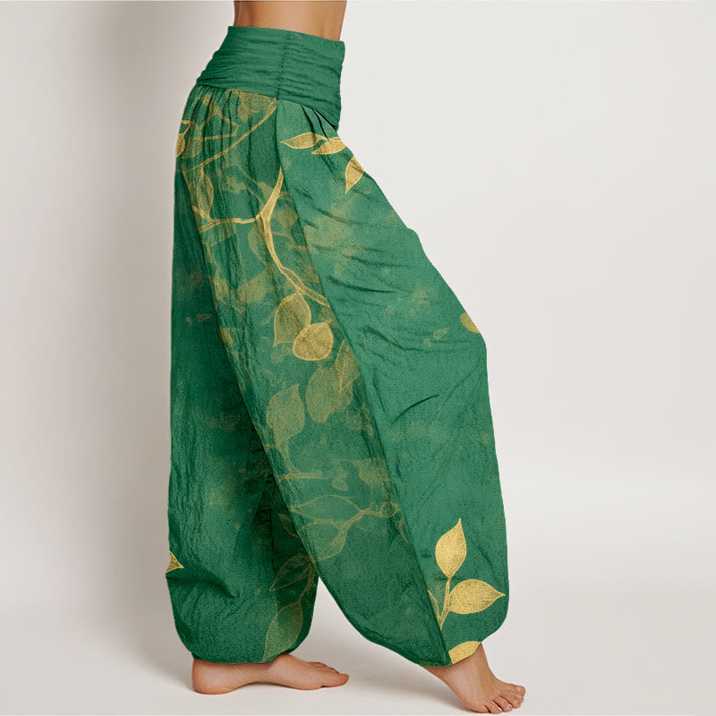 Pantaloni harem da donna con elastico in vita, in puro cotone, con motivo a foglie dai colori tenui , Buddha Stones - image 2