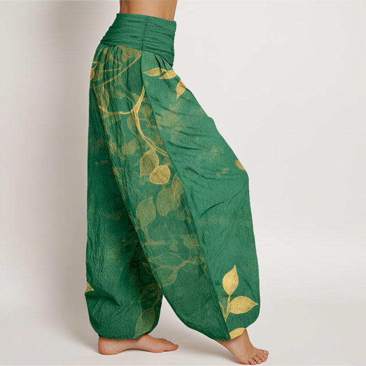 Pantaloni harem da donna con elastico in vita, in puro cotone, con motivo a foglie dai colori tenui , Buddha Stones - image 2