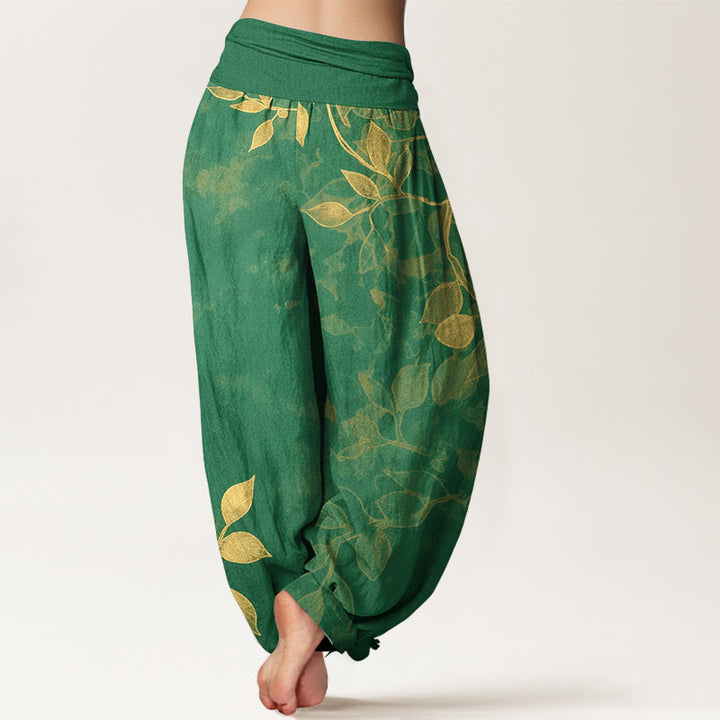Pantaloni harem da donna con elastico in vita, in puro cotone, con motivo a foglie dai colori tenui , Buddha Stones - image 1