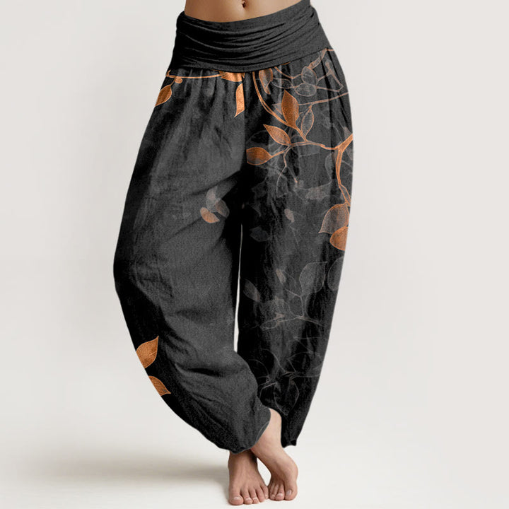 Pantaloni harem da donna con elastico in vita, in puro cotone, con motivo a foglie dai colori tenui , Buddha Stones - Nero - US16, UK/AU20, EU48 (3XL) - image 5