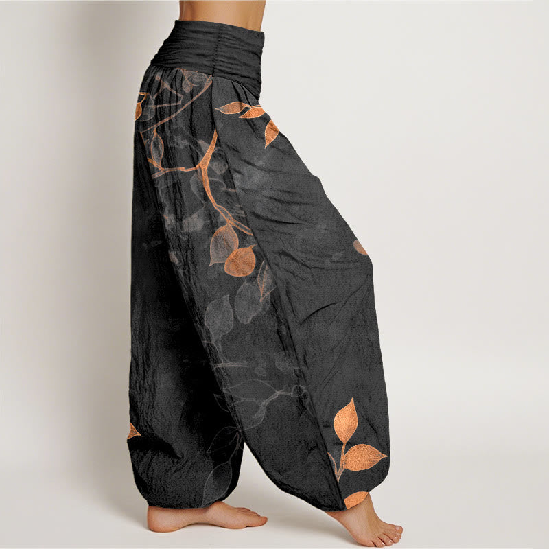 Pantaloni harem da donna con elastico in vita, in puro cotone, con motivo a foglie dai colori tenui , Buddha Stones - image 7