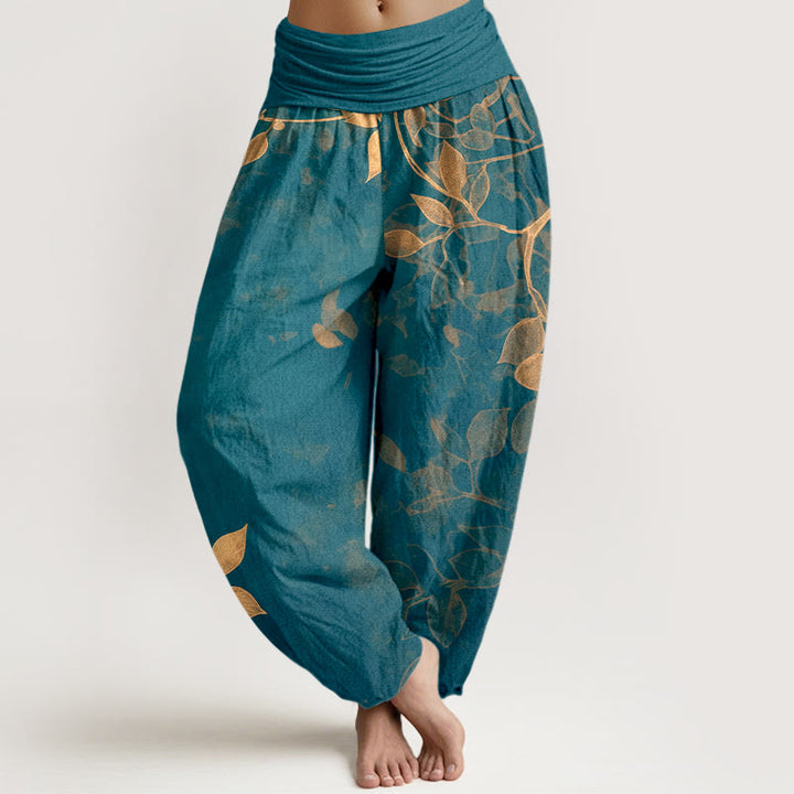 Pantaloni harem da donna con elastico in vita, in puro cotone, con motivo a foglie dai colori tenui , Buddha Stones - Verde acqua - US16, UK/AU20, EU48 (3XL) - image 8