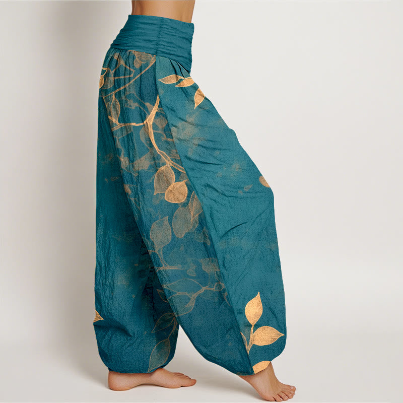 Pantaloni harem da donna con elastico in vita, in puro cotone, con motivo a foglie dai colori tenui , Buddha Stones - image 10