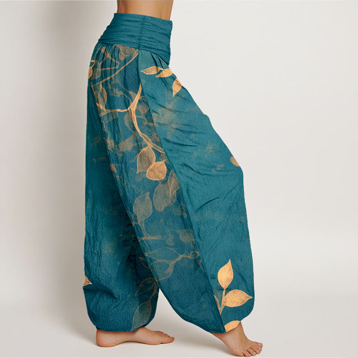 Pantaloni harem da donna con elastico in vita, in puro cotone, con motivo a foglie dai colori tenui , Buddha Stones - image 10