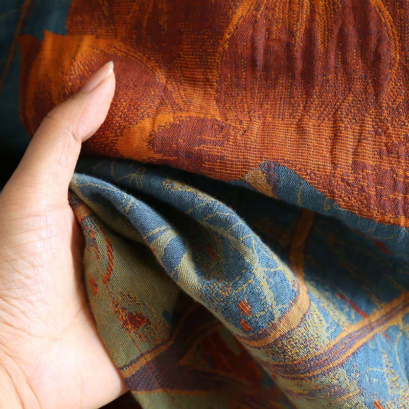 Abito midi in cotone con maniche lunghe e colletto rialzato, motivo floreale in jacquard con bottoni a rana Buddha Stones - image 8