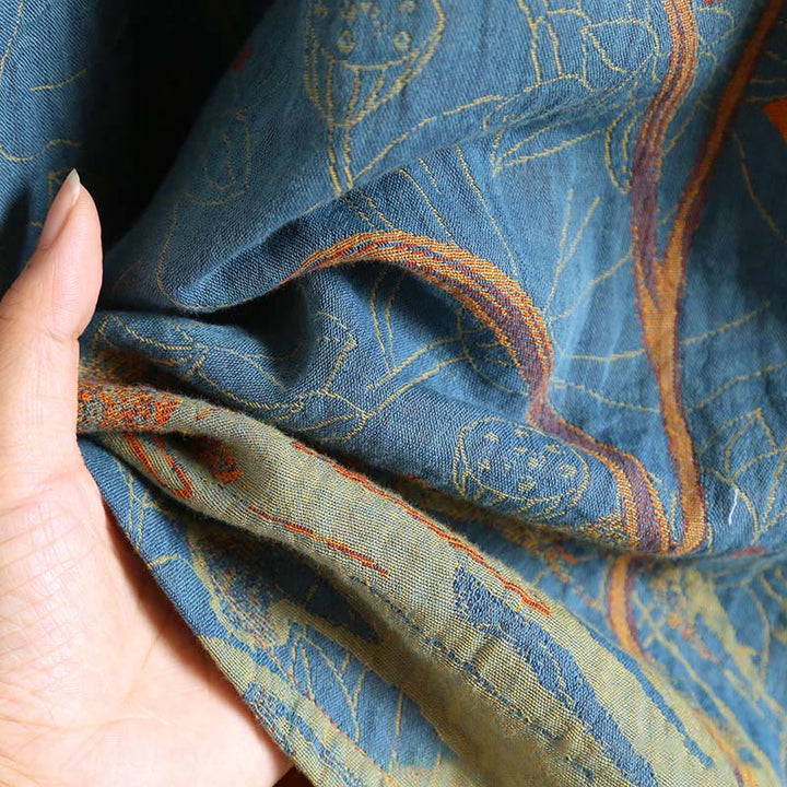 Abito midi in cotone con maniche lunghe e colletto rialzato, motivo floreale in jacquard con bottoni a rana Buddha Stones - image 9