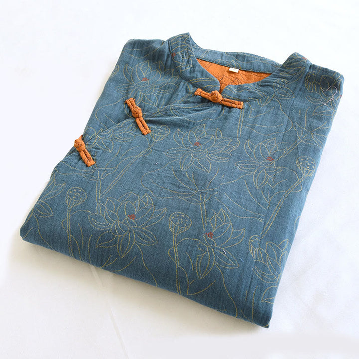 Abito midi in cotone con maniche lunghe e colletto rialzato, motivo floreale in jacquard con bottoni a rana Buddha Stones - image 2