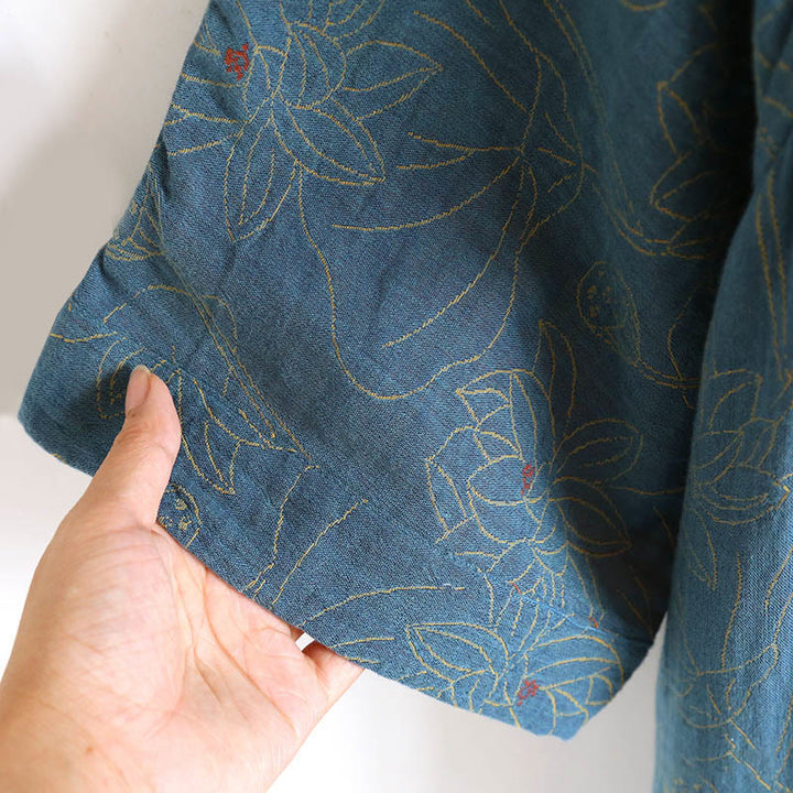 Abito midi in cotone con maniche lunghe e colletto rialzato, motivo floreale in jacquard con bottoni a rana Buddha Stones - image 6