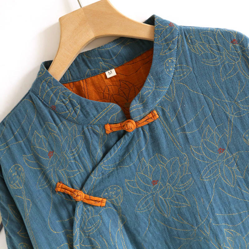 Abito midi in cotone con maniche lunghe e colletto rialzato, motivo floreale in jacquard con bottoni a rana Buddha Stones - image 4