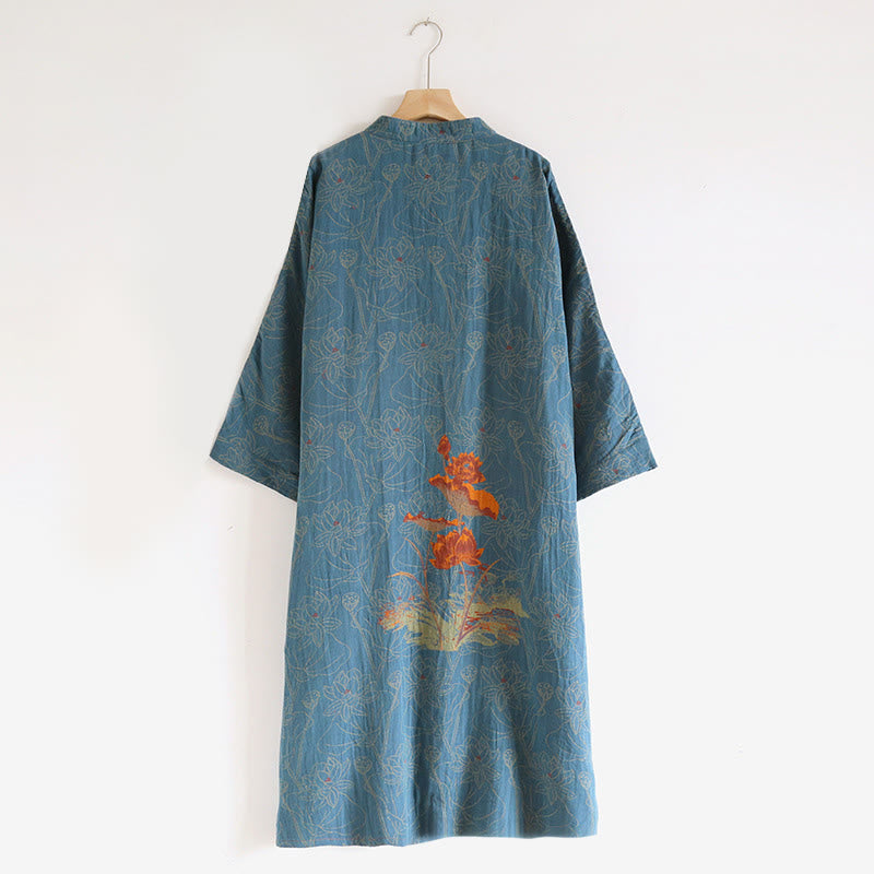 Abito midi in cotone con maniche lunghe e colletto rialzato, motivo floreale in jacquard con bottoni a rana Buddha Stones - image 1