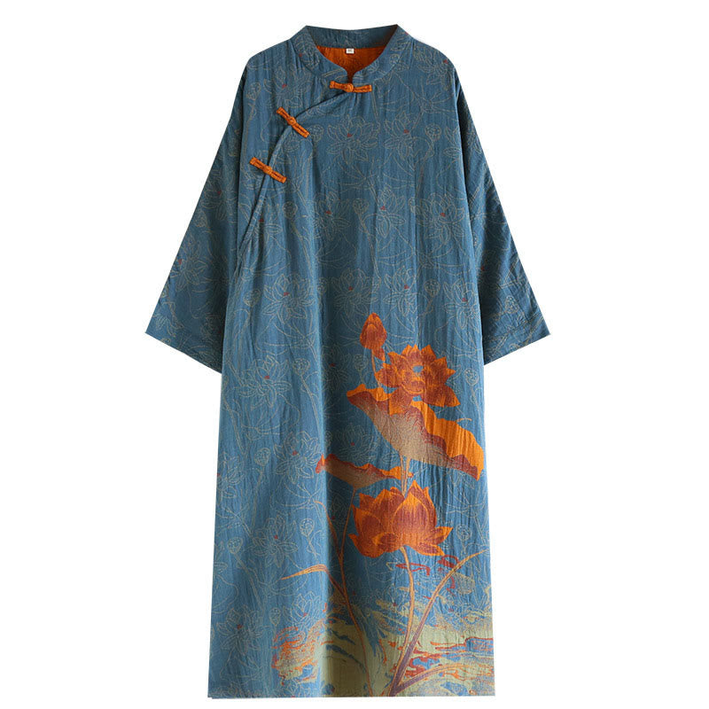 Abito midi in cotone con maniche lunghe e colletto rialzato, motivo floreale in jacquard con bottoni a rana Buddha Stones - image 10