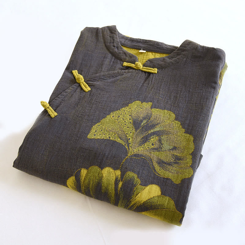 Abito midi in cotone con maniche lunghe e colletto rialzato, motivo floreale in jacquard con bottoni a rana Buddha Stones - image 12