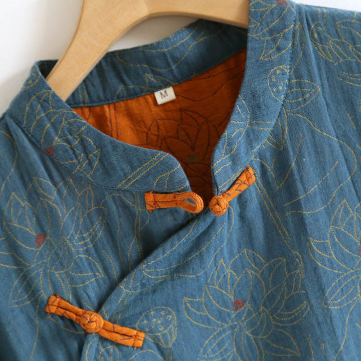 Abito midi in cotone con maniche lunghe e colletto rialzato, motivo floreale in jacquard con bottoni a rana Buddha Stones - image 5