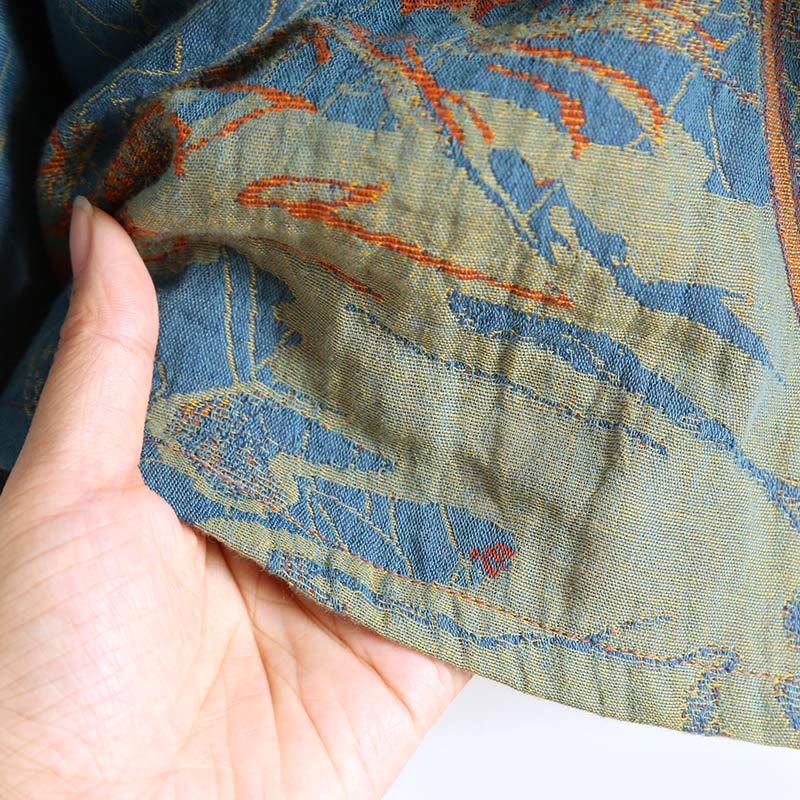 Abito midi in cotone con maniche lunghe e colletto rialzato, motivo floreale in jacquard con bottoni a rana Buddha Stones - image 7