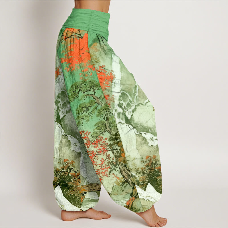 Pantaloni harem da donna con elastico in vita, in puro cotone, con motivo a paesaggio e alberi coordinati , Buddha Stones - image 1